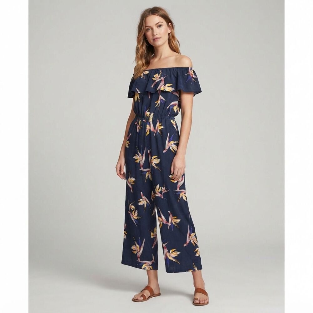 Amour Vert Bird of Paradise Jumpsuit Size L Floral Off Shoulder Wide Leg USA